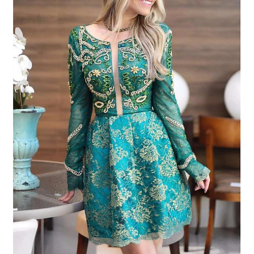 

A-Line Luxurious Turquoise / Teal Engagement Cocktail Party Dress Jewel Neck Long Sleeve Short / Mini Polyester with Appliques 2020