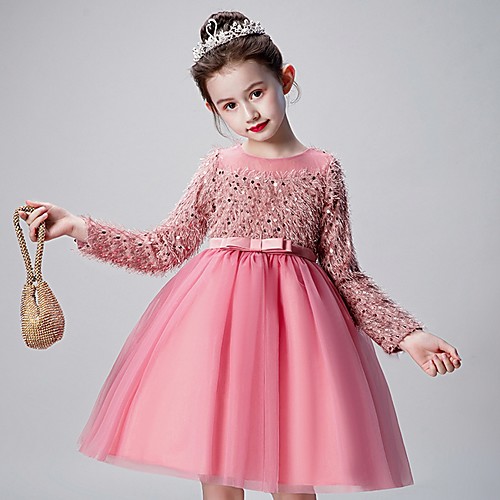 

A-Line Knee Length Wedding / Party Flower Girl Dresses - Polyester 3/4 Length Sleeve Jewel Neck with Bow(s) / Paillette
