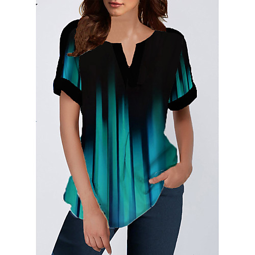 

Women's Daily Chic & Modern / Casual / Daily / Fashion Blouse - Color Block Print V Neck Blue
