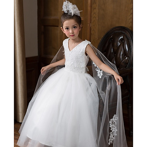 

Ball Gown Floor Length Wedding Flower Girl Dresses - Chiffon Sleeveless V Neck with Bow(s) / Solid