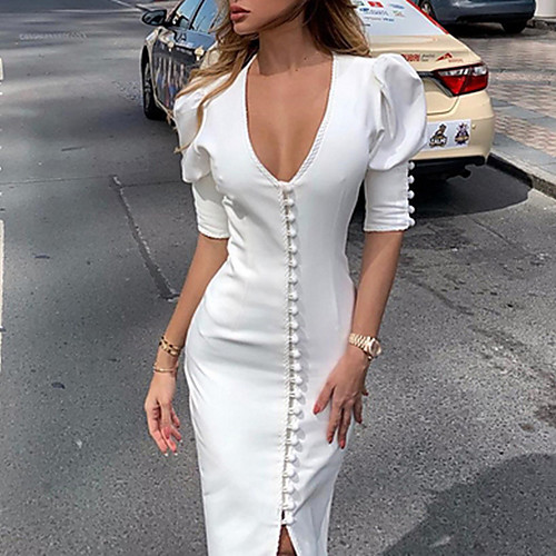 

Women's White Dress Sheath Solid Color Deep V S M