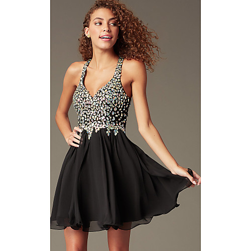 

A-Line Flirty Sparkle Homecoming Cocktail Party Dress V Neck Sleeveless Short / Mini Chiffon with Pleats Crystals 2020