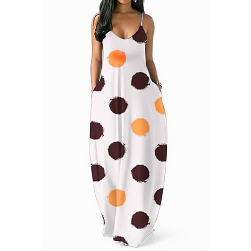 

Women's Maxi Yellow White Dress Elegant Maxi Dress Summer Holiday Home Loose Tunic Abaya Polka Dot Strap S M