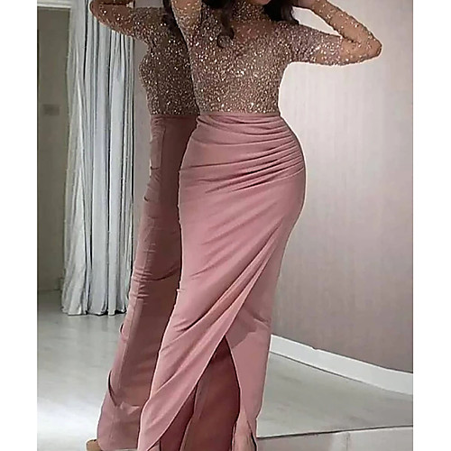 

Mermaid / Trumpet High Neck Floor Length Stretch Satin Cut Out / Sexy Wedding Guest / Cocktail Party Dress with Ruched / Split 2020 / Illusion Sleeve