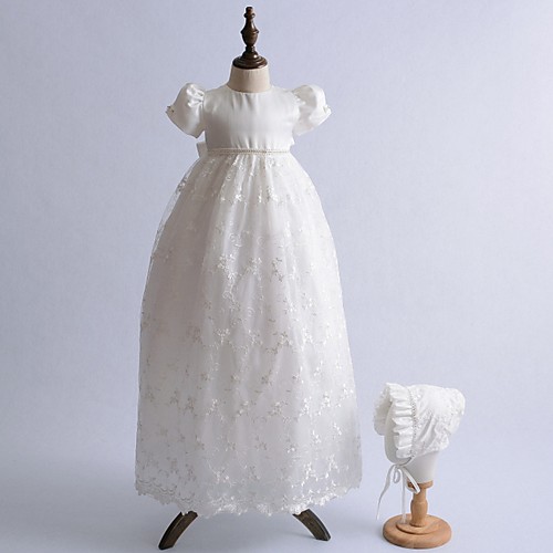 

A-Line Floor Length First Communion Christening Gowns - Polyester Short Sleeve Jewel Neck with Lace / Bow(s) / Ruffles