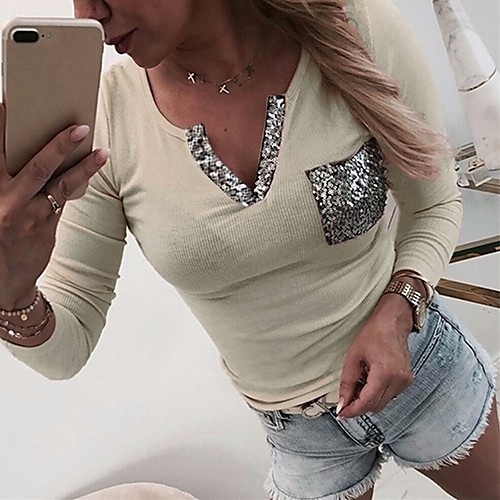 

Women's Solid Colored Sequins Patchwork Blouse Daily V Neck White / Black / Blushing Pink / Khaki / Gray
