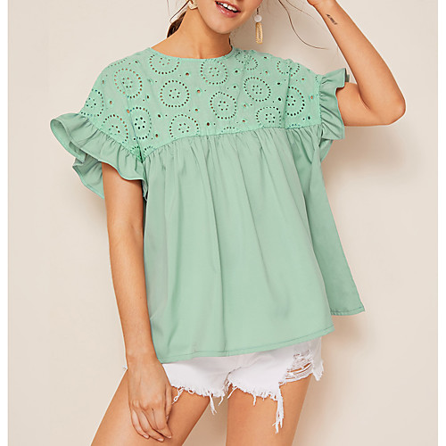 

Embroidery Lace Short Sleeve Shirt O-Neck Blouse Shirts Solid Casual Women Tops