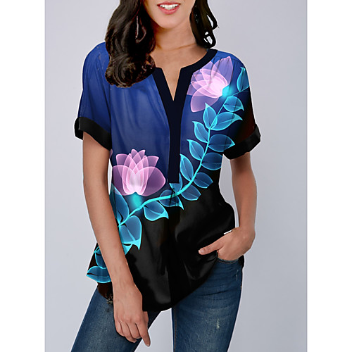 

Women's Daily Casual Blouse - Floral Print V Neck Rainbow