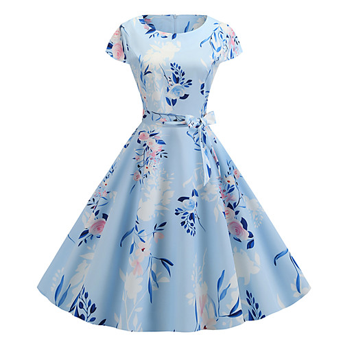 

Women's Light Blue Dress Vintage Street chic Spring & Summer Party Daily A Line Print Patchwork Print S M