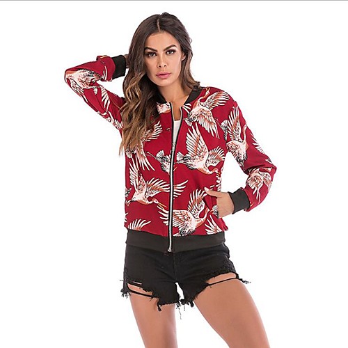 

Women's Daily Spring & Fall Short Jacket, Geometric Round Neck Long Sleeve Polyester Red / Blue / White