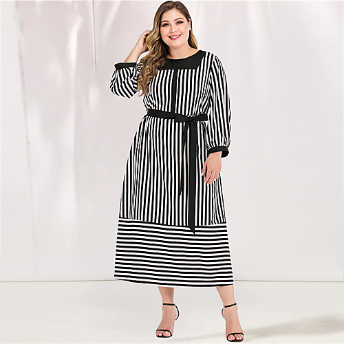 

Women's Black Dress Casual Elegant Spring & Summer Daily Going out A Line Chiffon Striped Lace up L XL