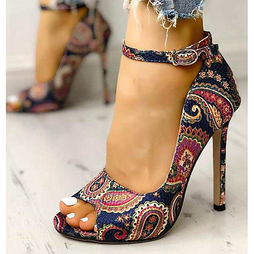 

Women's Sandals Stiletto Heel Peep Toe Satin Flower Canvas Vintage Walking Shoes Summer Blue / Party & Evening / Color Block