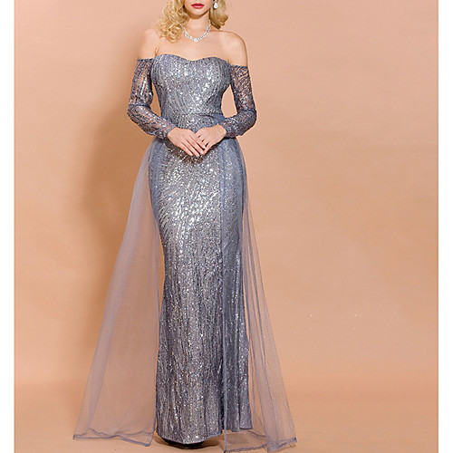 

Sequin Overskirt Mermaid Trumpet Sexy Illusion Sleeve Off Shoulder detachable Sequined Wedding Guest Formal Evening Dress