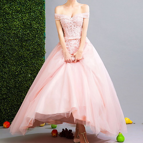 

Ball Gown Off Shoulder Floor Length Polyester Floral / Pink Engagement / Prom Dress with Sequin 2020