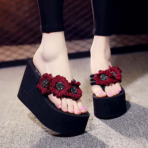 

Women's Slippers & Flip-Flops Wedge Heel Open Toe Rhinestone / Sparkling Glitter Polyester Casual / Vintage Walking Shoes Summer Black / Red / Black / Blue