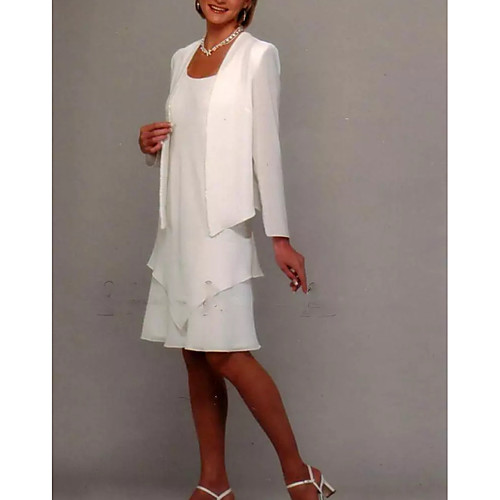 

Sheath / Column Jewel Neck Knee Length Chiffon Long Sleeve Elegant Mother of the Bride Dress with Ruffles Mother's Day 2020