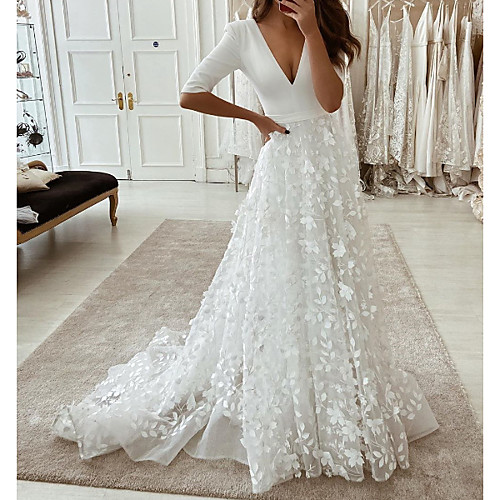 

A-Line Plunging Neck Sweep / Brush Train Polyester / Tulle Half Sleeve Country Plus Size Wedding Dresses with Embroidery / Appliques 2020