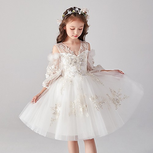 

A-Line Knee Length Wedding / Party Flower Girl Dresses - Polyester 3/4 Length Sleeve V Neck with Embroidery / Paillette