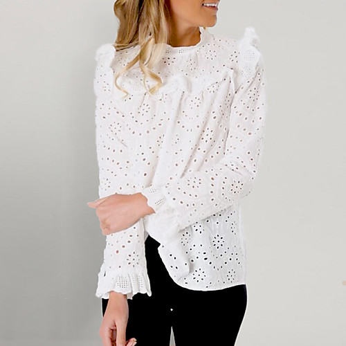 

Women's Daily Loose Shirt - Solid Colored Lace / Ruffle / Embroidery White / Hollow Out