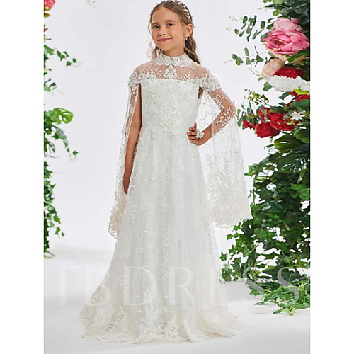 

A-Line Sweep / Brush Train Wedding Flower Girl Dresses - Lace Sleeveless High Neck with Appliques / Solid