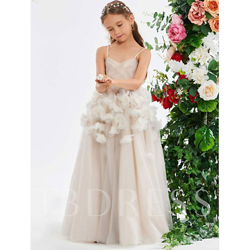 

A-Line Sweep / Brush Train Wedding Flower Girl Dresses - Tulle Sleeveless Spaghetti Strap with Appliques / Solid