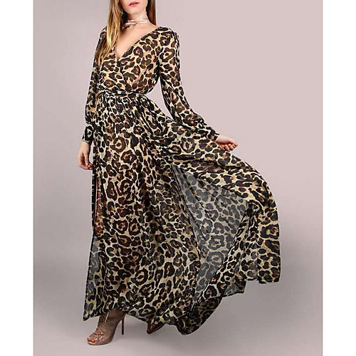 

Women's Maxi Brown Dress A Line Leopard V Neck S M