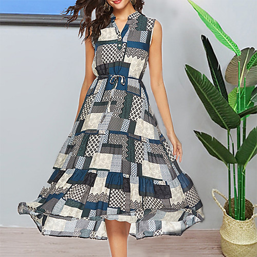 

Women's Blue Dress A Line Color Block V Neck L XL