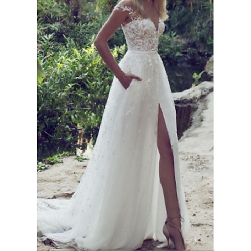 

A-Line Wedding Dresses V Wire Sweep / Brush Train Lace Tulle Cap Sleeve Sexy Plus Size with Lace Embroidery Split Front 2020