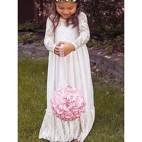 

A-Line Floor Length Wedding Flower Girl Dresses - Lace / Taffeta / Stretch Satin Long Sleeve Jewel Neck with Ruching / Solid