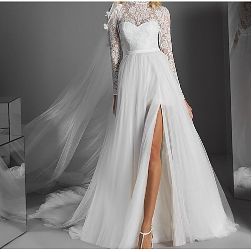 

A-Line High Neck Sweep / Brush Train Polyester / Lace Long Sleeve Country Plus Size Wedding Dresses with Embroidery / Split Front 2020