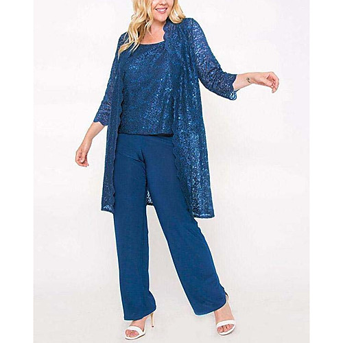 

Pantsuit / Jumpsuit Jewel Neck Floor Length Chiffon / Lace 3/4 Length Sleeve Elegant Mother of the Bride Dress with Lace / Sequin Mother's Day 2020