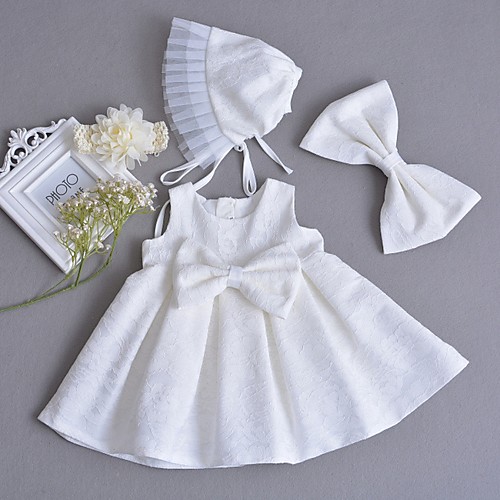 

A-Line Floor Length First Communion Christening Gowns - Polyester Sleeveless Jewel Neck with Lace / Bow(s)