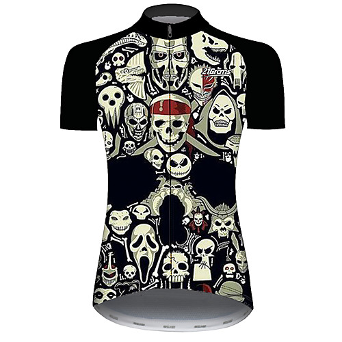 

21Grams Women's Short Sleeve Cycling Jersey Black / White Skull Bike Jersey Top Mountain Bike MTB Road Bike Cycling UV Resistant Breathable Quick Dry Sports Clothing Apparel / Stretchy