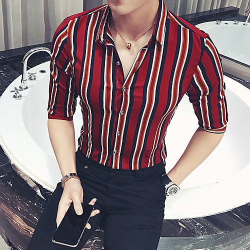 

Men's Daily Going out Basic / Elegant Shirt - Striped / Color Block Red
