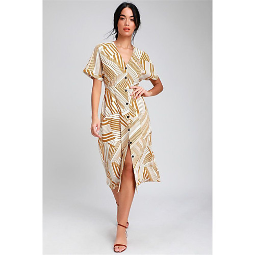 

Women's Khaki Dress Loose Striped S M