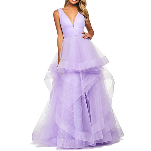

Ball Gown V Neck Floor Length Polyester Elegant / Purple Prom / Formal Evening Dress with Tier 2020