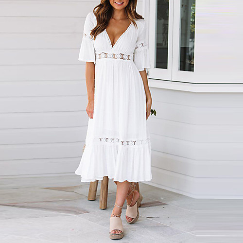 

Women's Maxi White Dress Elegant Street chic Date Festival Swing Solid Colored Deep V Lace Pleated Patchwork S M