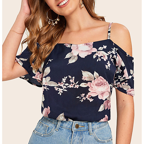 

Women's Floral Print Blouse Basic Daily Off Shoulder Navy Blue