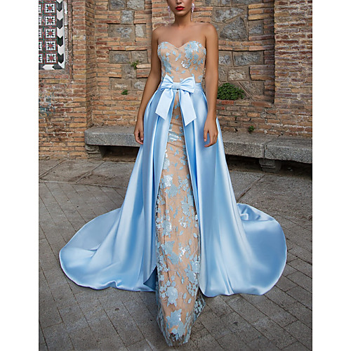 

Sheath / Column Sweetheart Neckline Court Train Satin Elegant / Blue Party Wear / Formal Evening Dress with Bow(s) / Pattern / Print 2020
