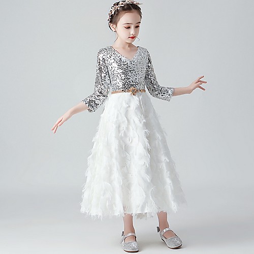 

Sheath / Column Ankle Length Party / Pageant Flower Girl Dresses - Polyester 3/4 Length Sleeve V Neck with Paillette