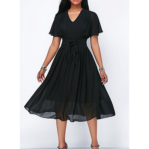 

A-Line V Neck Tea Length Chiffon / Satin Short Sleeve Elegant Mother of the Bride Dress with Sash / Ribbon / Pleats Mother's Day 2020