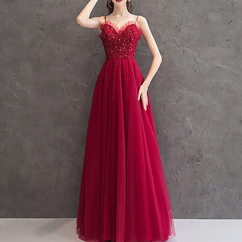 

A-Line Spaghetti Strap Floor Length Polyester Sparkle / Red Prom / Formal Evening Dress with Pleats / Sequin 2020
