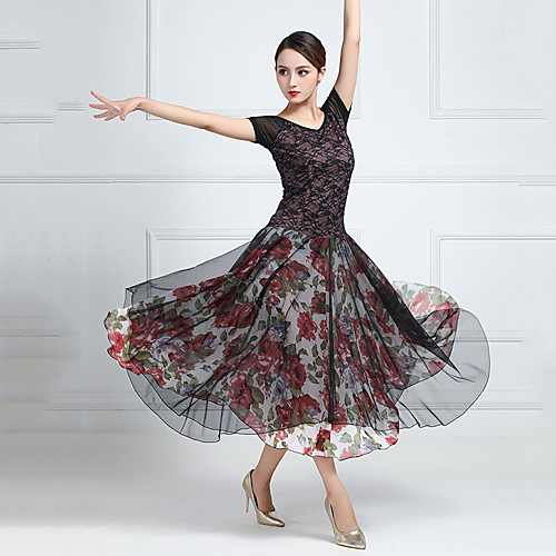 

Ballroom Dance Dresses Women's Training / Performance Chiffon / Lace / Tulle Pattern / Print / Split Joint Short Sleeve Dress