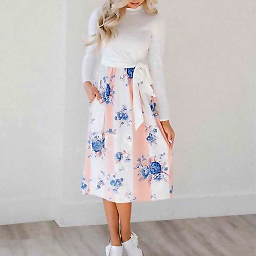 

Women's Sheath Dress - Long Sleeve Print Patchwork Print Spring & Summer Basic Party Weekend Lantern Sleeve Black Blue Orange S M L XL