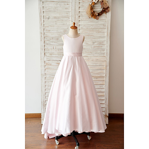 

A-Line Floor Length Wedding / Birthday Flower Girl Dresses - Satin Sleeveless Jewel Neck with Bow(s)