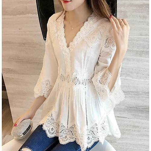 

Women's Daily T-shirt - Solid Colored Lace / Cut Out / Ruffle V Neck White
