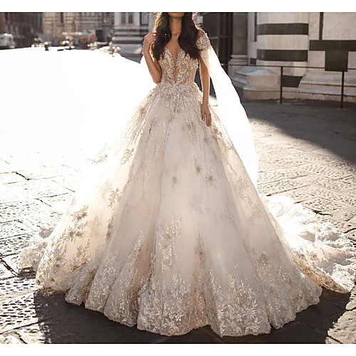 

A-Line Wedding Dresses V Wire Court Train Tulle Polyester Short Sleeve Country Sexy Plus Size with Lace Beading Embroidery 2020