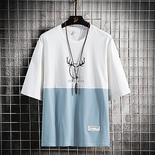 

Men's Geometric Color Block T-shirt - Cotton Daily Round Neck White / Blue / Gray / Short Sleeve