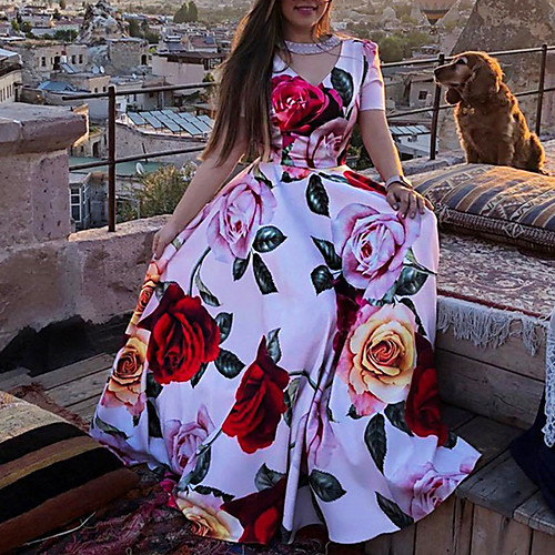

Women's Maxi Red Dress Summer Vacation Beach A Line Swing Floral Print V Neck Floral S M