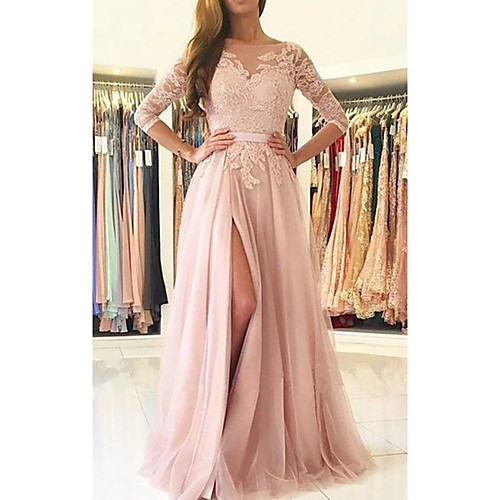 

A-Line Illusion Neck Sweep / Brush Train Chiffon / Lace Cut Out / Beautiful Back Engagement / Prom Dress with Split / Lace Insert 2020